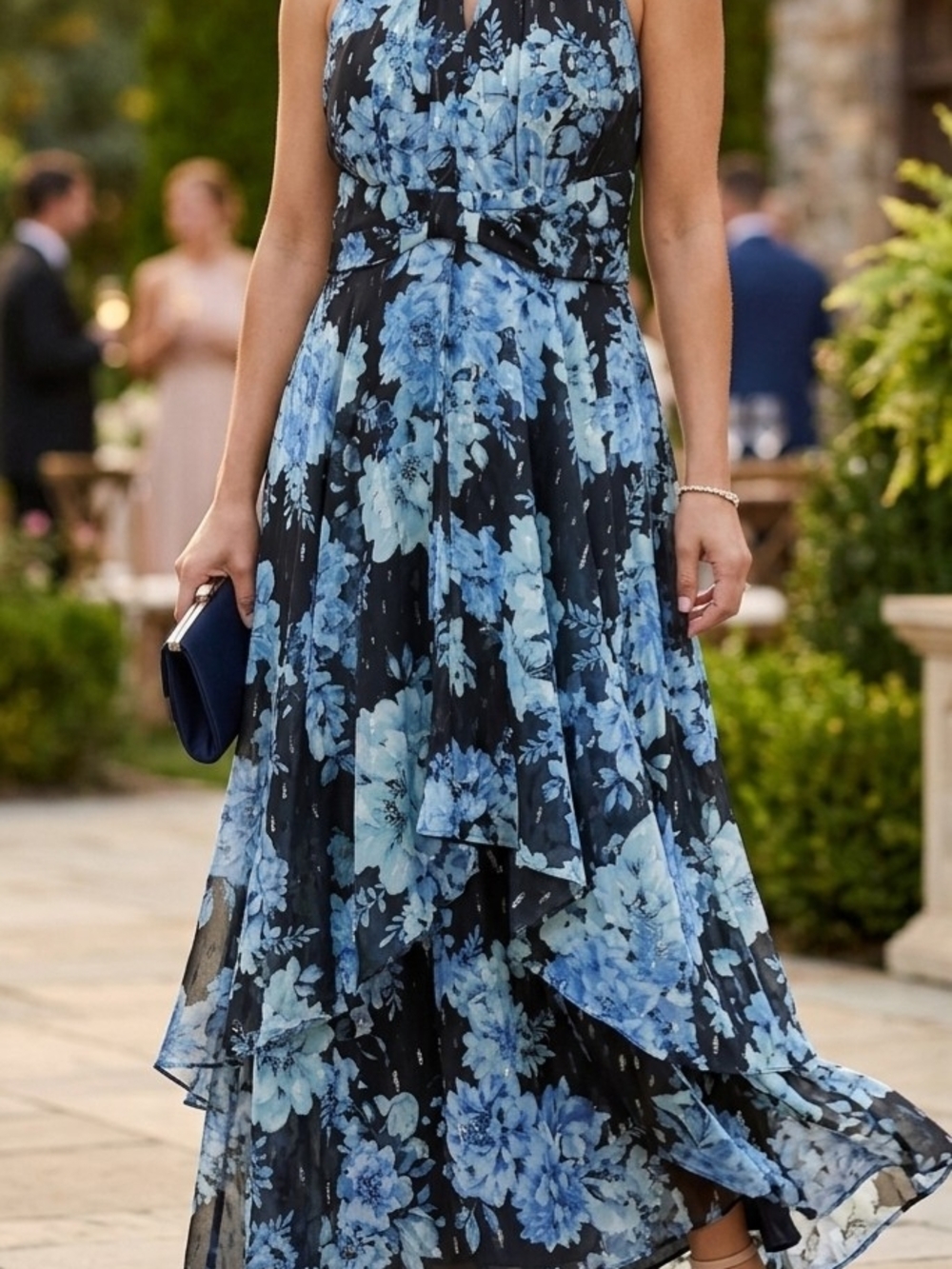 NWOT R&M Richards Floral Maxi Dress Size 16 Blue Metallic Halter Neck - Picture 1 of 16